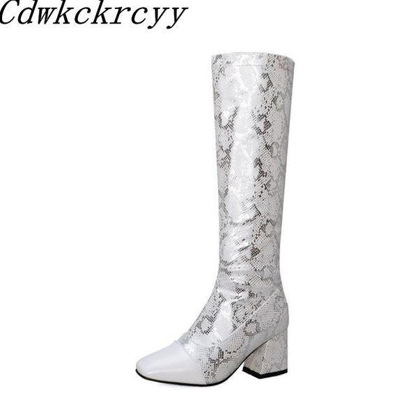 

winter the new fashion square head thick heel high boots silver printing snake plus velvet keep warm high heel women boots, Black