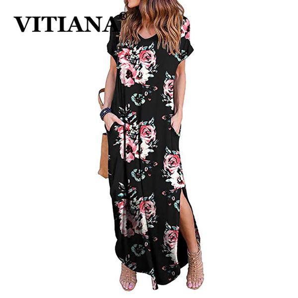 

vitiana women beach long dress summer 2019 female pocket short sleeve print ankle-length vintage party dresses vestidos, Black;gray
