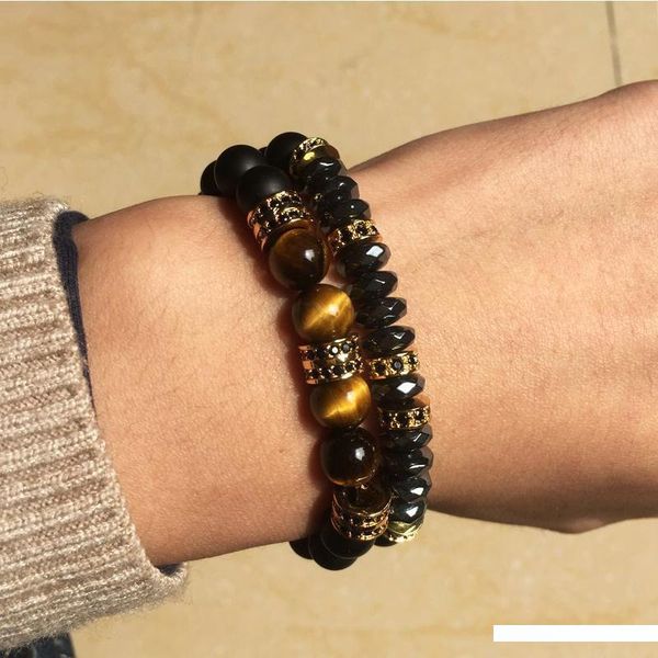 

2pcs set brand new fashion pave cz men bracelet 8mm matte beads with hematite bead diy charm bracelet for men jewelry accessory, Golden;silver