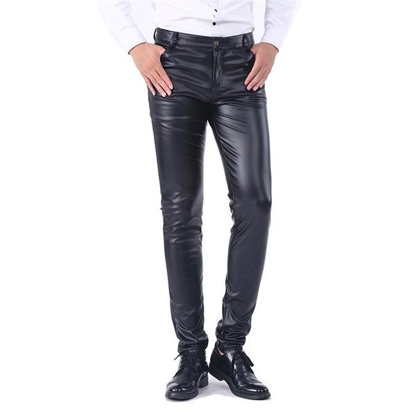 

2020 new men`s business slim fit five pockets stretchy comfy black solid faux leather pants jeans trousers for men