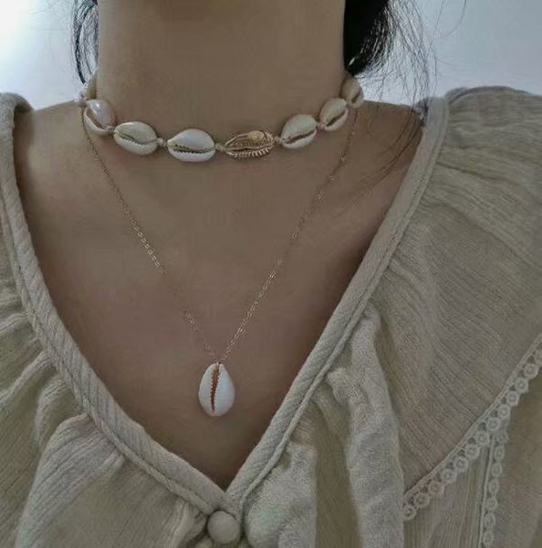 

new necklace jewelry fashion bohemia natural shell string woven clavicle chain simple shell pendant 2 layer necklace set, Silver