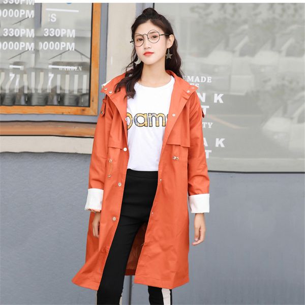 

women windbreaker 2019 spring autumn new medium long loose casual tooling coat large size hooded wild female trench coat xin003, Tan;black