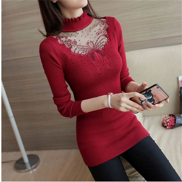 

korea autumn winter solid lace chic pullovers sweaters women spring burgundy embroidery hollow knitted slim sweater female, White;black