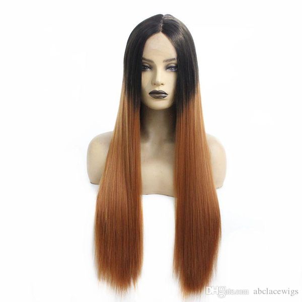 Cheap Price Best Quality Dark Roots Ombre Light Brown Color Fiber Hair Long Straight Lace Front Wig Synthetic Wigs For Women Long Lace Front Wigs