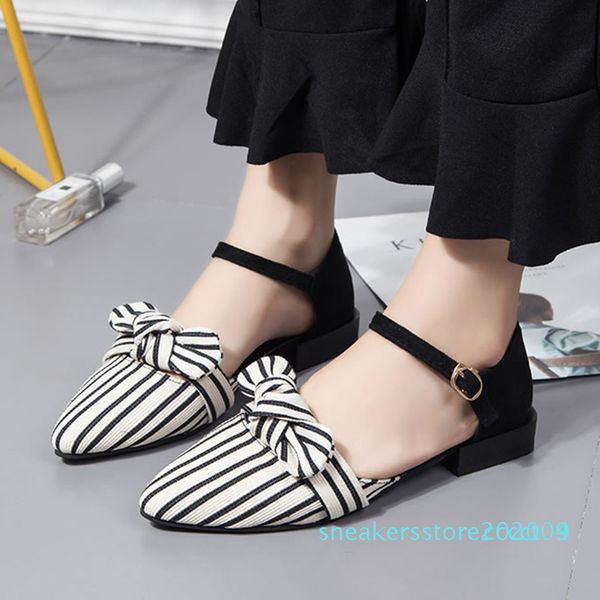 

summer women sandals pointed toe ankle strap sandals striped flat woman flats bow ladies shoes zapatos mujer s09, Black