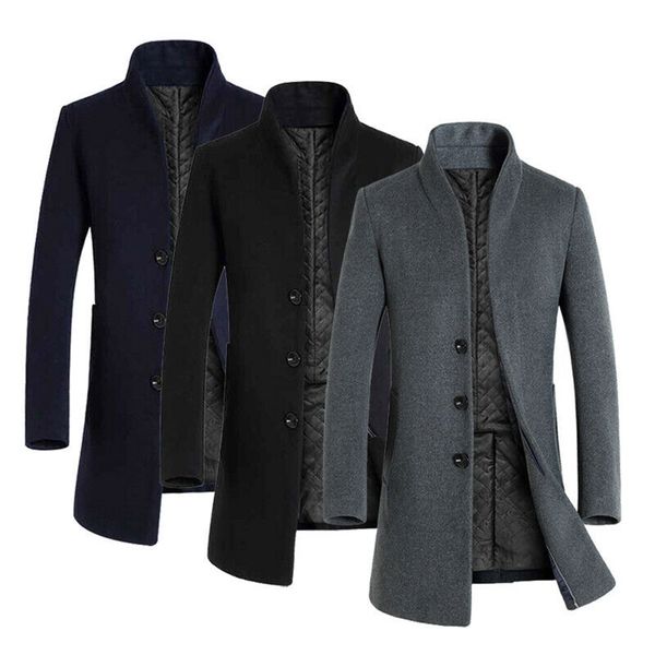 

new men wool thicken coat stand collar autumn winter woolen solid color single breasted long trench men blends, Black