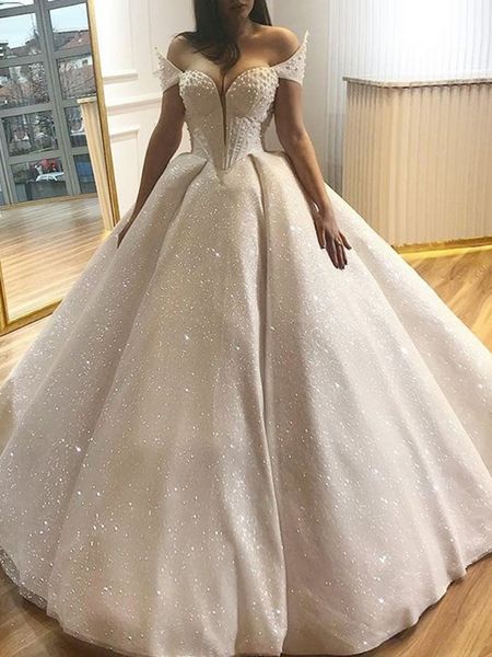 2020 novo vestido de baile querida pérolas lantejoulas casamento vestido fora do ombro comprimento do assoalho vestidos nupciais vestidos de noiva
