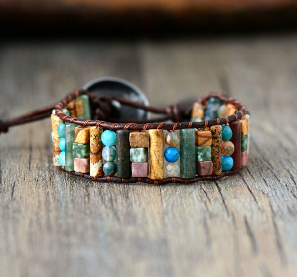 

tube shape natural stones single leather wrap bracelet semi precious stone beaded cuff bracelet women boho bracelet dropshpip, Golden;silver