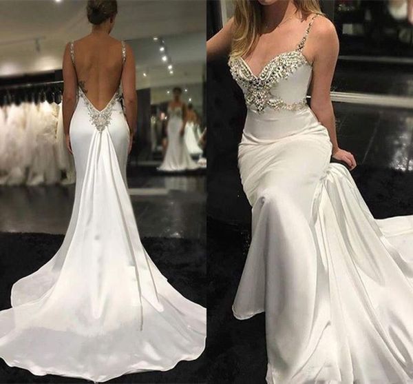 

modern spaghetti mermaid wedding dresses backless crystals beaded bridal dress sweep train beach wedding gowns cheap, White