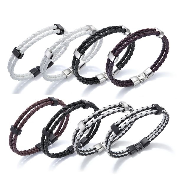 

pu leather bracelets for men or boy double knit stainless steel retro style hand chain mens jewelry for mens gifts, Golden;silver