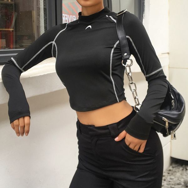 

Graceful Long Sleeve Blouse Crop Top Slim fitness crop tops Sport Yoga Running Exercise gym Outdoor cropped tops upper clothing Black