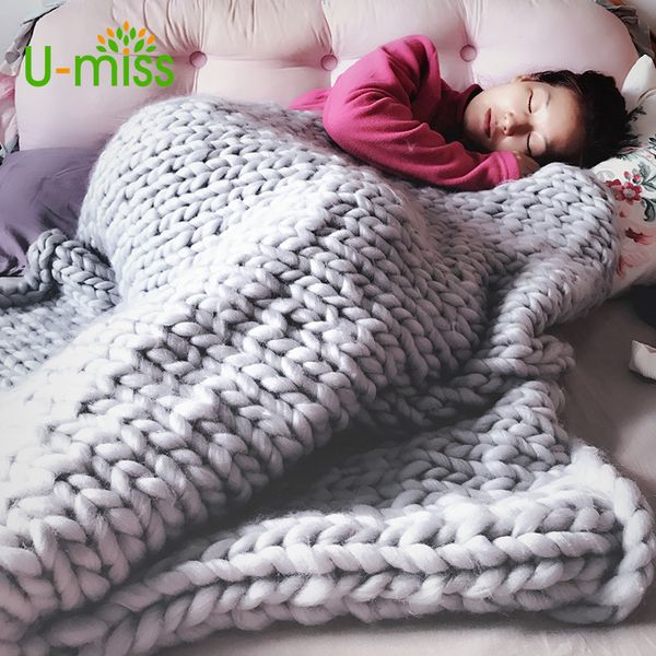 

u-мисс мода рука коренастых шерсти трикотажного одеяло толстой пряжа merino wool крупногабаритного вязание бросьте одеяла dropshipping 200x2