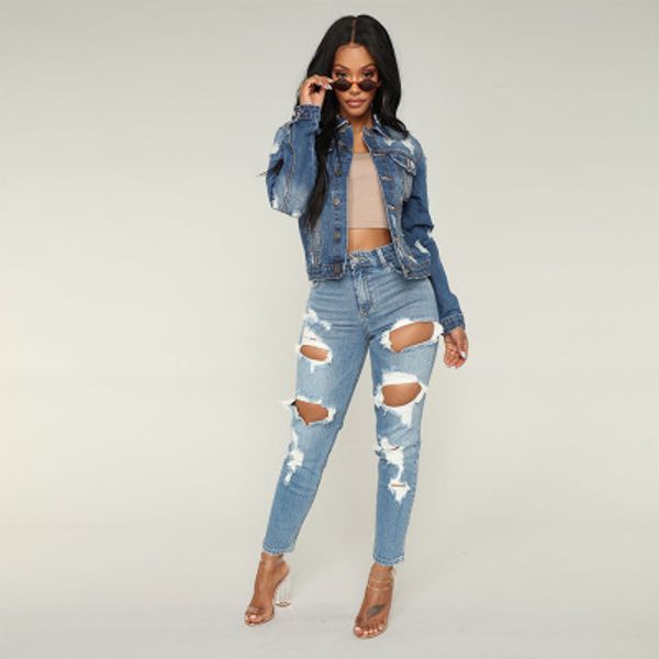 

women's slim pencil pants washed blue color holes ripped fashion jeans european american styles denim pants