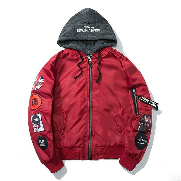 

hetobeto осень мужчины бомбер куртка с капюшоном хип-хоп патч дизайн slim fit пилот пальто мода пальто мужчины куртки уличная одежда, Black;brown