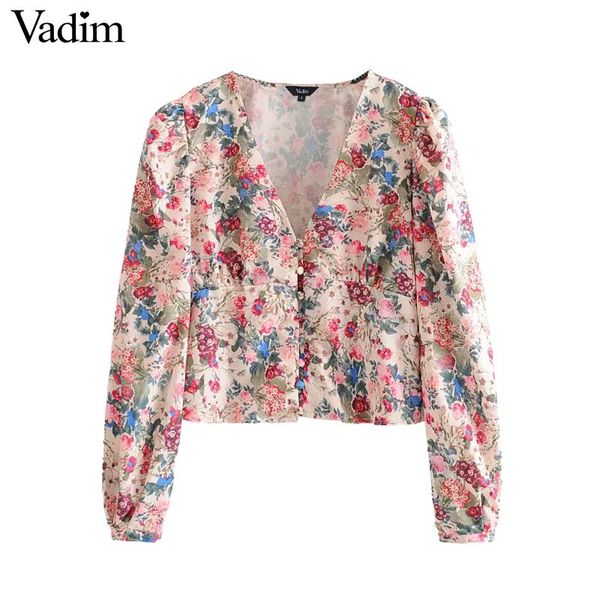

women's blouses & shirts vadim women fashion floral crop v neck long sleeve short style female sweet casual cute blusas lb853, White