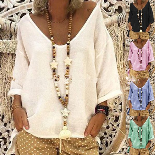 

2019 весна и лето взрыв модели европа и соединенные штаты v-образным вырезом семь точек рукав футболки наборы хлопка и льна женщин, White