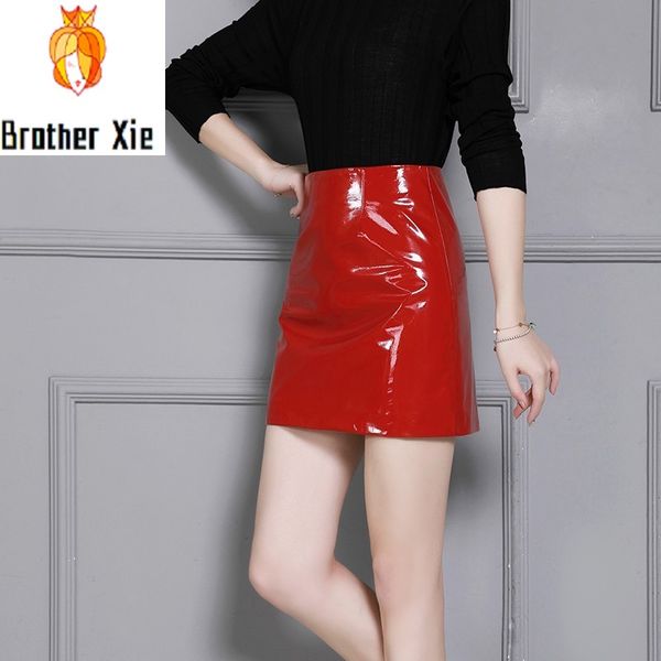 

бренд осень зима высокая талия овчина натуральная кожа юбки женщины a-line офис леди сексуальные мини-юбки красный черный тонкий, Black