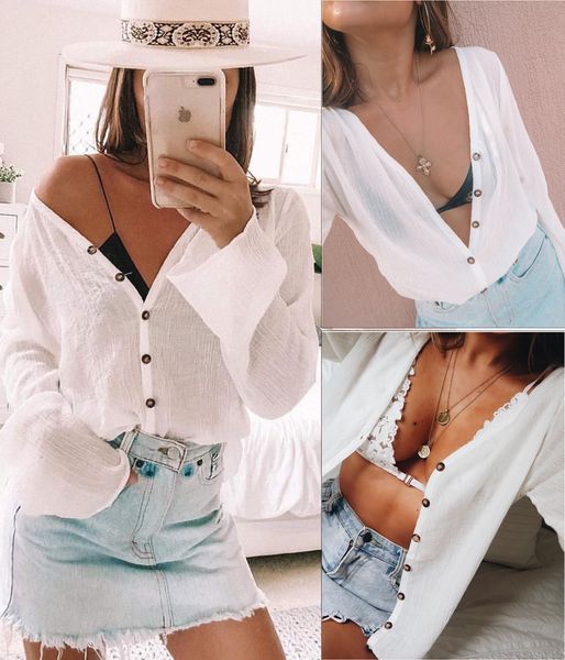 

womens designer shirt one-button shop coat long sleeve breathable button shirt cotton sun protection clothing female summer, White