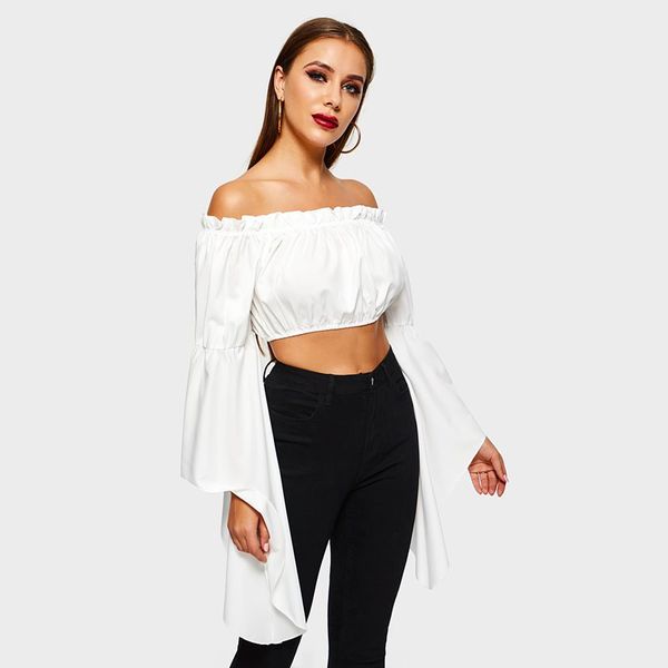 

off shoulder white blouse shirt women elegant navel summer new flare sleeve pleated sweet travel casual cropped blouses