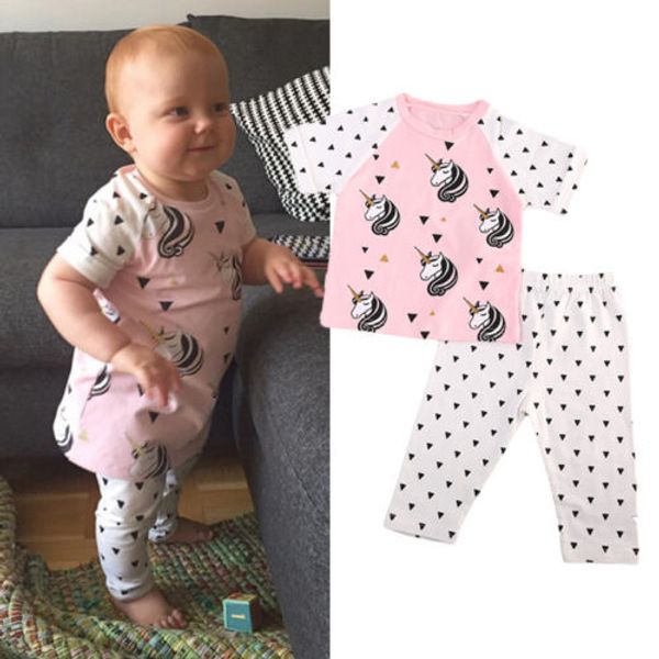 

emmababy cute infant newborn baby girls unicorn t-shirt tee long pants outfits set clothes, Pink;blue