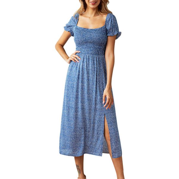 

split dress ladies square collar short sleeve ruffled dot print beach skirt beach cover up swimwear women swimsuit #b, Blue;gray