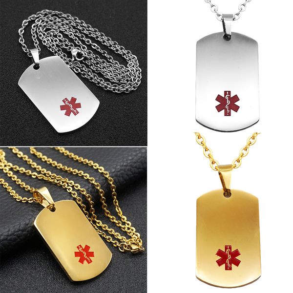 

2pcs women men engraved medical alert id pendant necklace with chain,silver + gold
