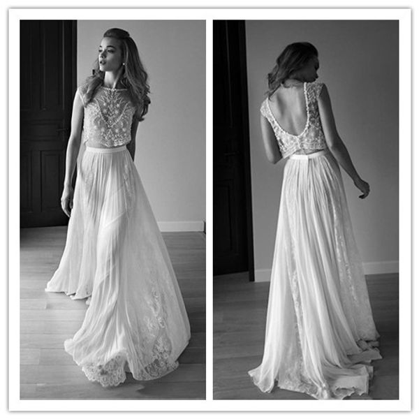 

lihi-hod 2019 wedding dresses two pieces backless lace beads crystals floor length custom made boho bridal gowns beach wedding dress, White
