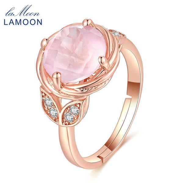 

lamoon- flower 9mm 100% natural round pink rose quartz ring 925 sterling silver jewelry romantic wedding band lmri016, Golden;silver