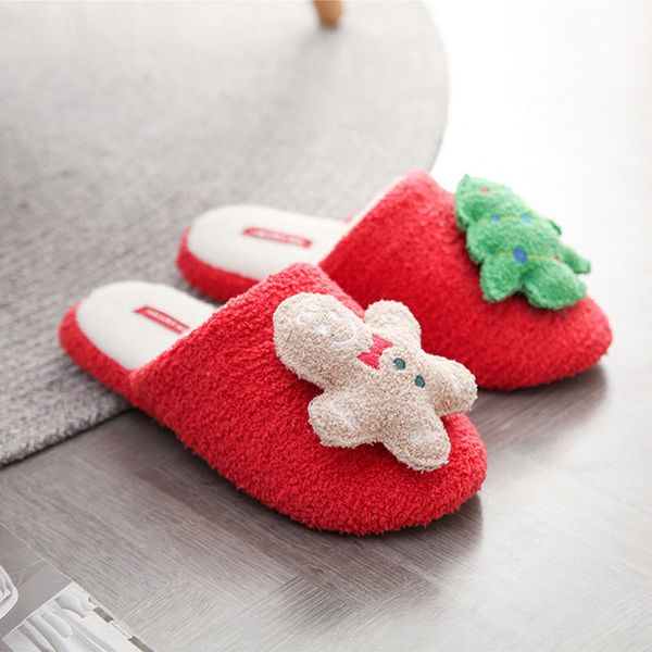 

winter new soft cotton slippers for women home warm cute cartoon bear fur slides christmas tree non-slip couples plush slippers, Black