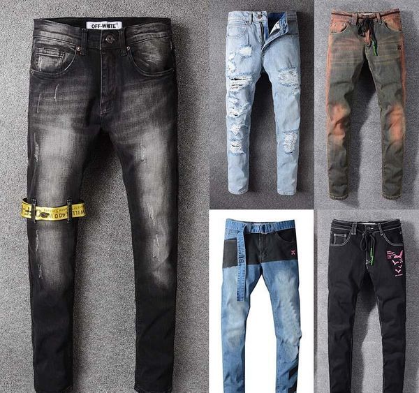 

новый прибытия высокого качества марка дизайнер мужчины джинсы байкер джинсы свободного покроя белый брюки ковбойские известная марка брюки, Blue