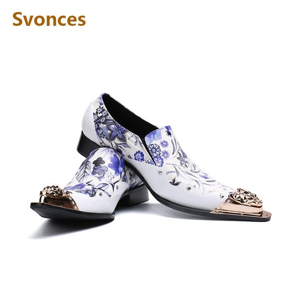 

fashion national printing dressing shoes man white genuine leather metal toe flats casual loafers party mens shoes euro size 46, Black