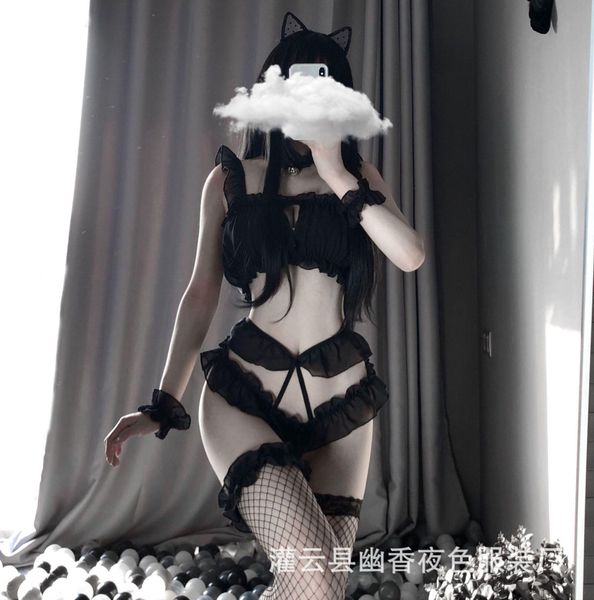 

lace costume cosplay loving cat girl style lingerie outfit dress with g-string 2020, Black;white