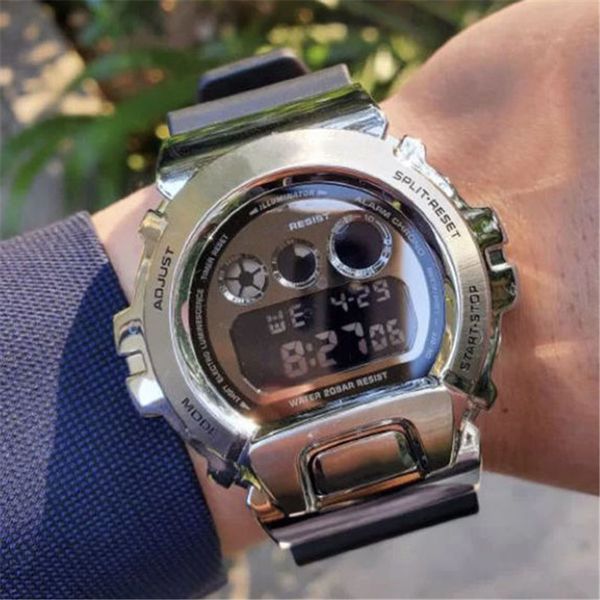 

stainless steel shock sport watches business man metal case rubber strap summer limited men's watch shockproof led backlight watch drop, Slivery;brown