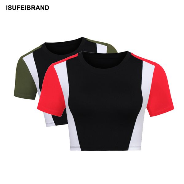 

rtw41 women dry quick running t-shirt waist breathable yoga bare midriff fitness sport short sleeve crop top, Black;red