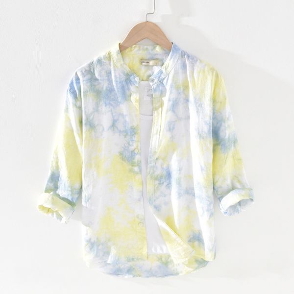 

men spring summer fashion japan style stand collar 100% linen single breasted tie-dye shirts male vintage casual shirts, White;black