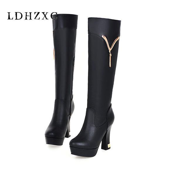 

ldhzxc round toe platform knee high boots for women high heel winter shoes ladies square heel long boots with zipper 2018, Black