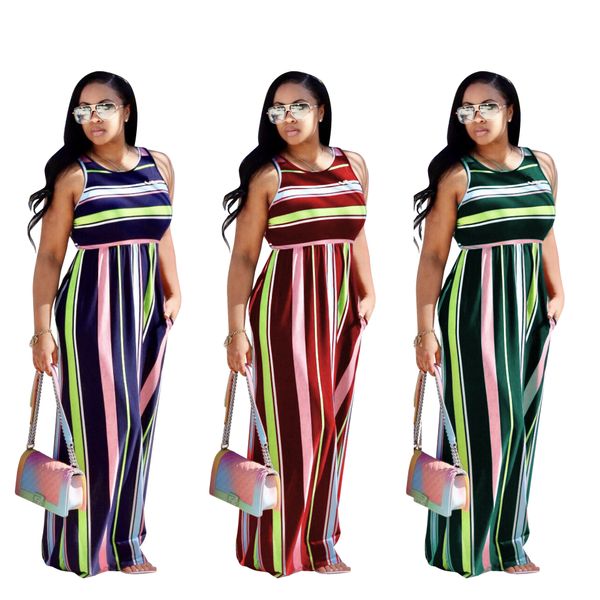 

european and american women's clothing printed sleeveless stripe girdle high waist full-length cotton blend dress, Black;gray