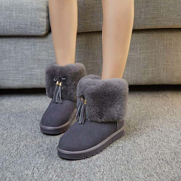 

winter fashion snow boot hair motorycle ankle boots with fur short plush boots women fringe warm shoes genuine leather, Black