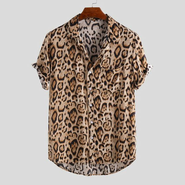 

new style men's t-shirts leopard print short sleeve turn down collar v neck loose with pocket button fashion 2019, White;black