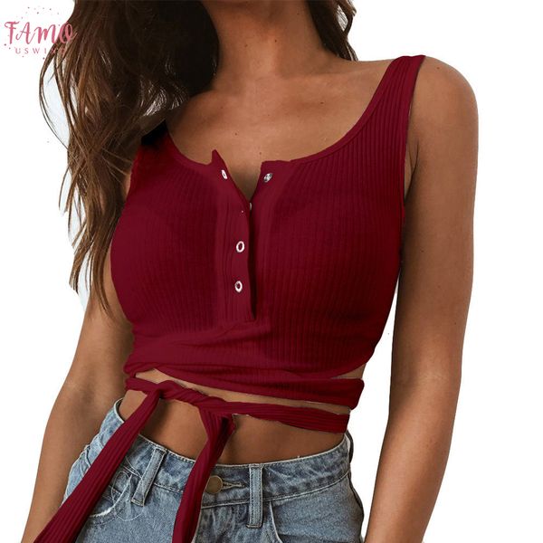 

bandage womens tank crop summer ladies sleeveless button vest sashes patchwork tank regata feminina 2019, White