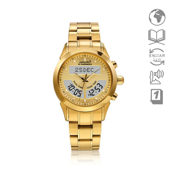 

dual azan clock for muslim prayer leather box wristwatch with dst hijri & gregorian calendar quran gold watch men watch skmei, Slivery;brown