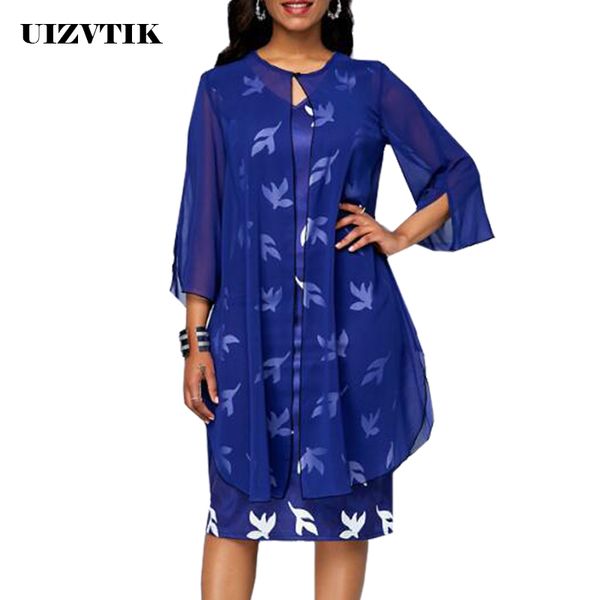 

summer autumn dress women 2020 casual plus size slim print chiffon bodycon dress cloak set elegant v neck party dresses 5xl, Black;gray