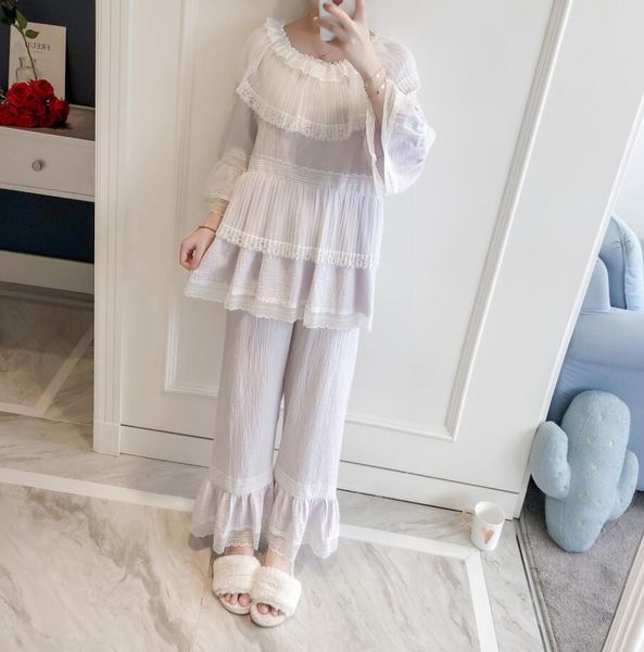 

2019 new fall princess women's pajamas long pants two pieces set 5 color vintage sweet sleepwear cotton pijamas, Black;red