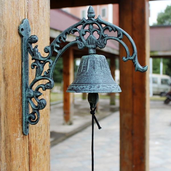 Grande Ferro fundido Bem-vindo Jantar Bell Decorativo Grande Metal Campainha Handbell Montado Artesanato Casa Loja Loja Loja De Cabana Porta Decoração Antiga Escura Verde