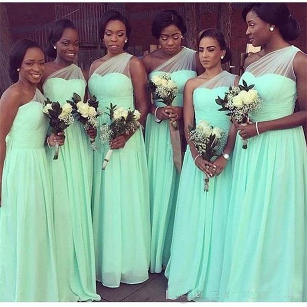 

2018 mint green bridesmaid dresses a-line chiffon floor length one shoulder ruched country maid of honor gown for wedding guest dresses, White;pink