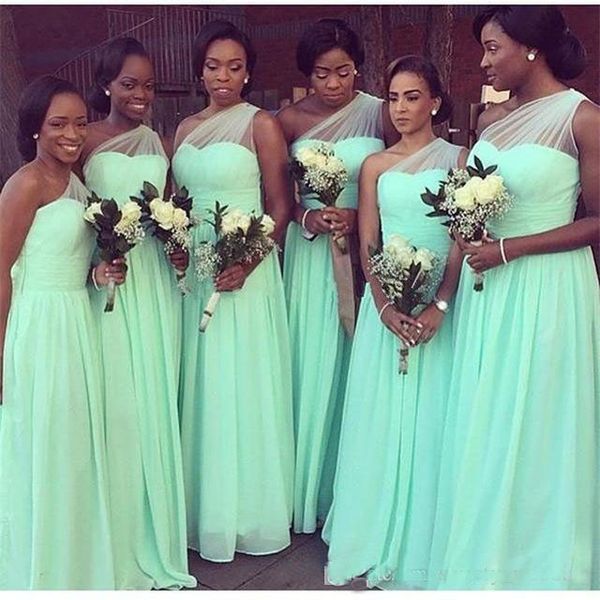 2018 verde menta vestidos de dama de honra a linha chiffon até o chão de um ombro ruched país maid of honor vestido para vestidos de convidados do casamento