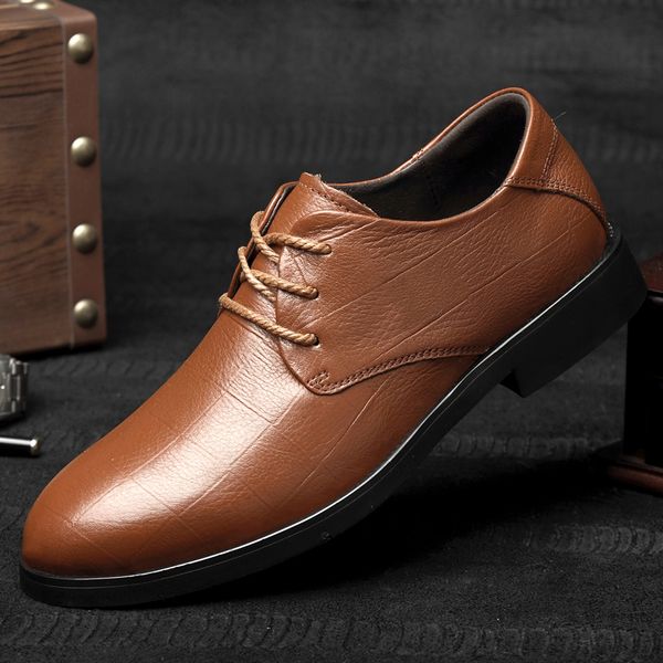

men genuine leather dress shoes fashion business formal shoes breathable lightweight lace-up pointed toe wedding, Black