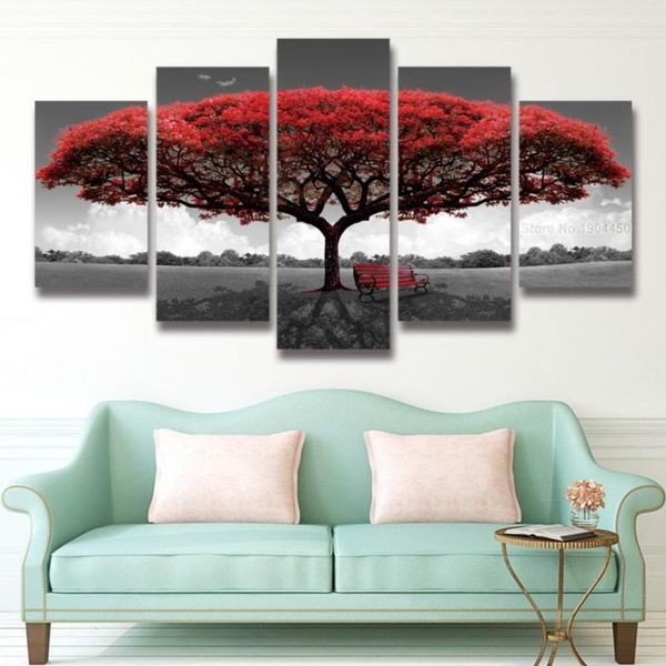 

5 panel printed red tree art scenery landscape modular picture large canvas painting for bedroom living room home wall art decor