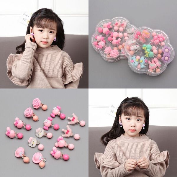 

7pcs/lot mixed styles cartoon children jewelry baby girl earrings kids ear clip child pierced alloy painless earrings gift box, Silver