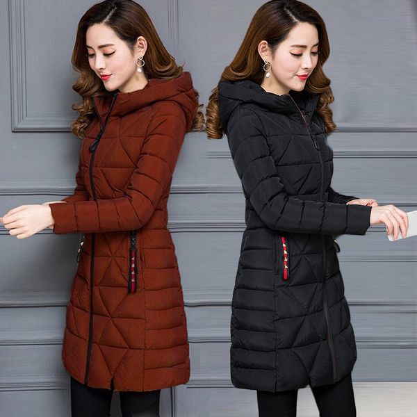

plus size 6xl winter female women cotton jacket hooded thick warm parkas slim solid long wadded jacket fashion outerwear, Tan;black